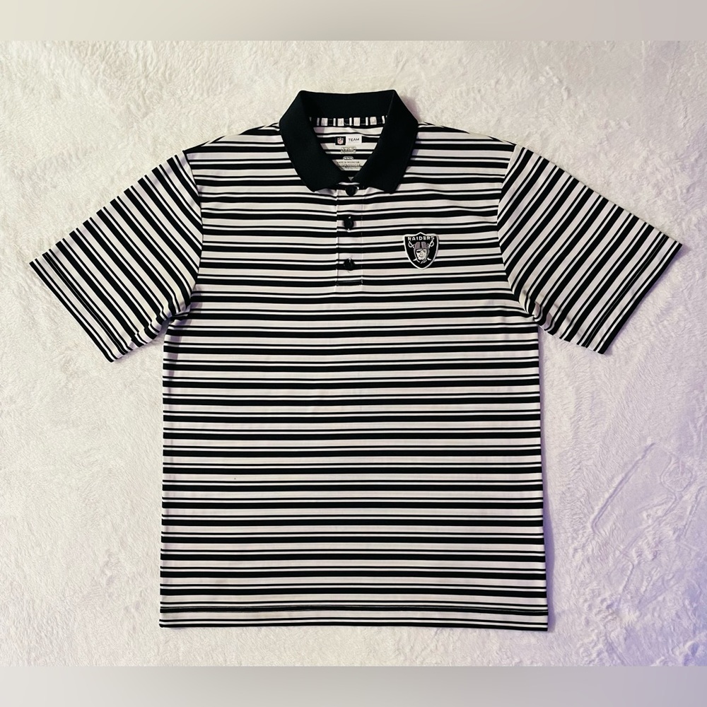 NFL Team Las Vegas Raiders Polo Shirt Mens Size Medium Black & White Stripes